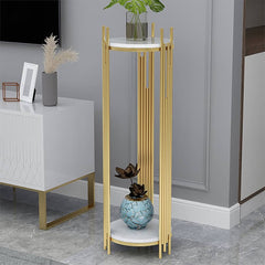 Modern Gold 2-Tier Round Metal Plant Stand with White Marble-Look Trays Main Product Image