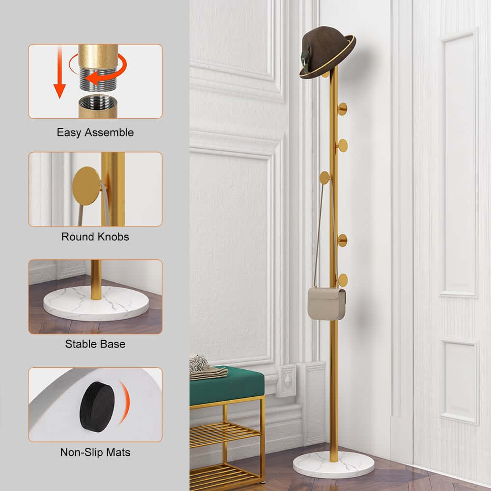 Modern Gold and Black Freestanding Coat Rack with Faux Marble Base