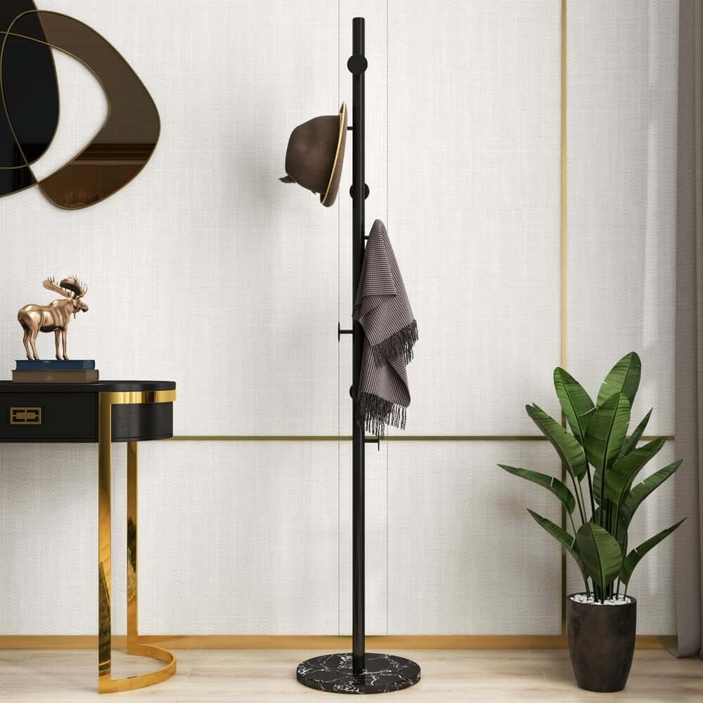 Modern Gold and Black Freestanding Coat Rack with Faux Marble Base