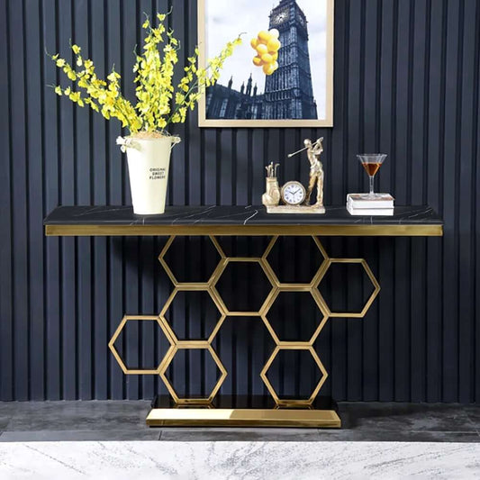 Modern Gold & Black Faux Marble Console Table - Stylish Entryway Furniture Main Product Image