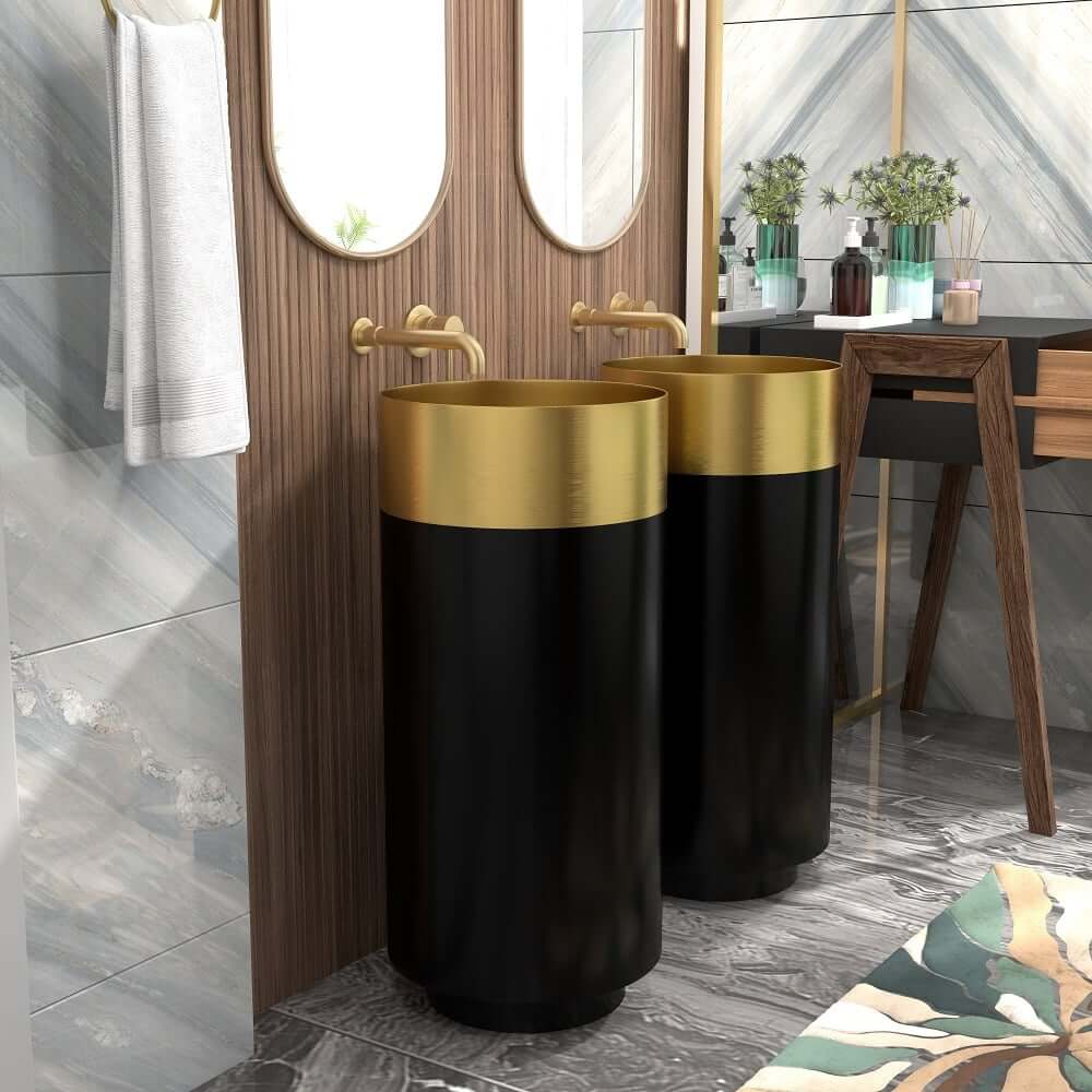 Modern Gold & Black Stainless Steel Freestanding Pedestal Sink