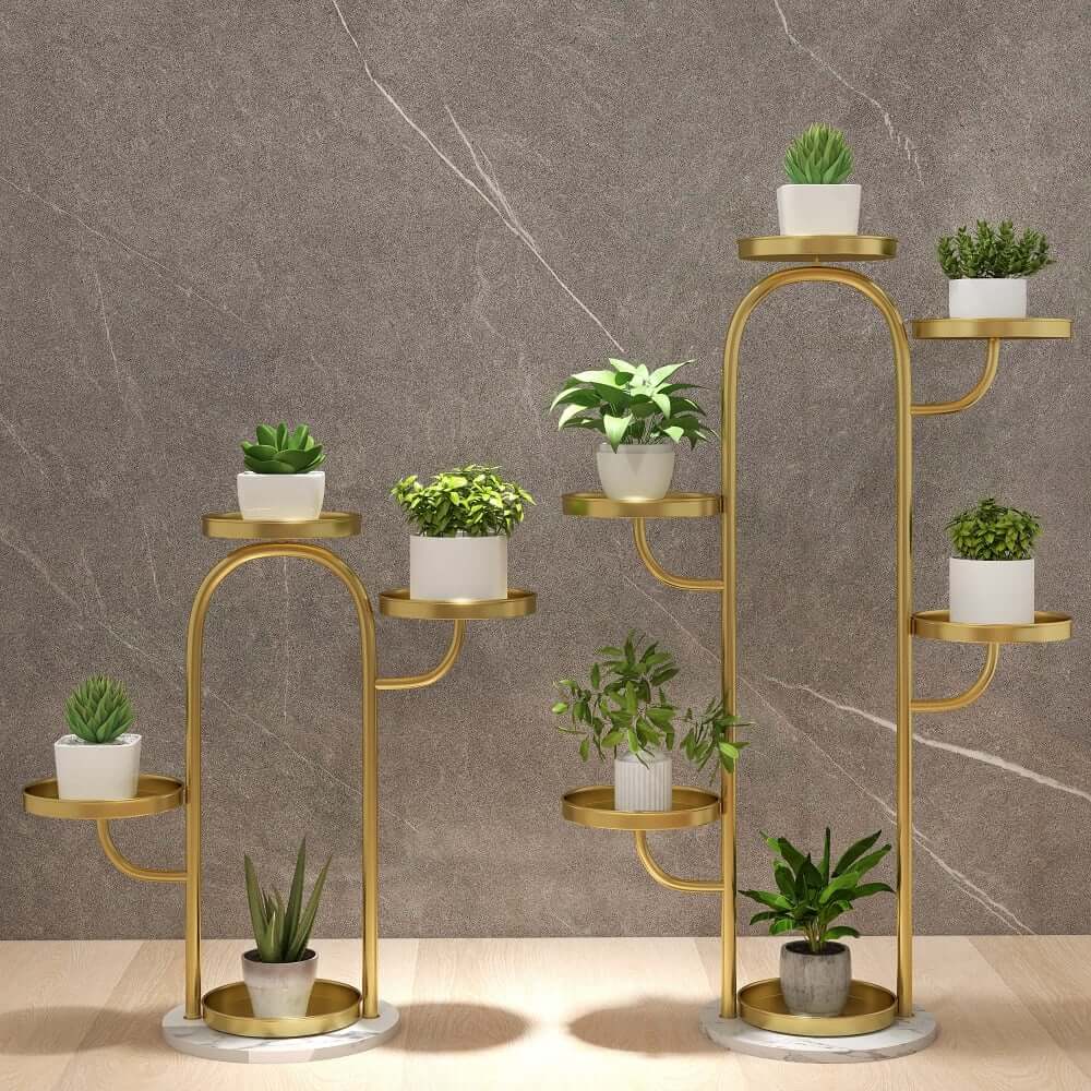 Modern Gold Faux Marble Multi-Tiered Plant Stand Set