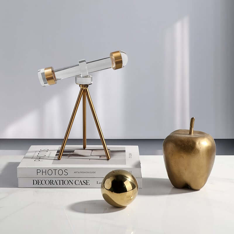 Modern Gold Metal and Crystal Telescope Sculpture Decor for Office or Home
