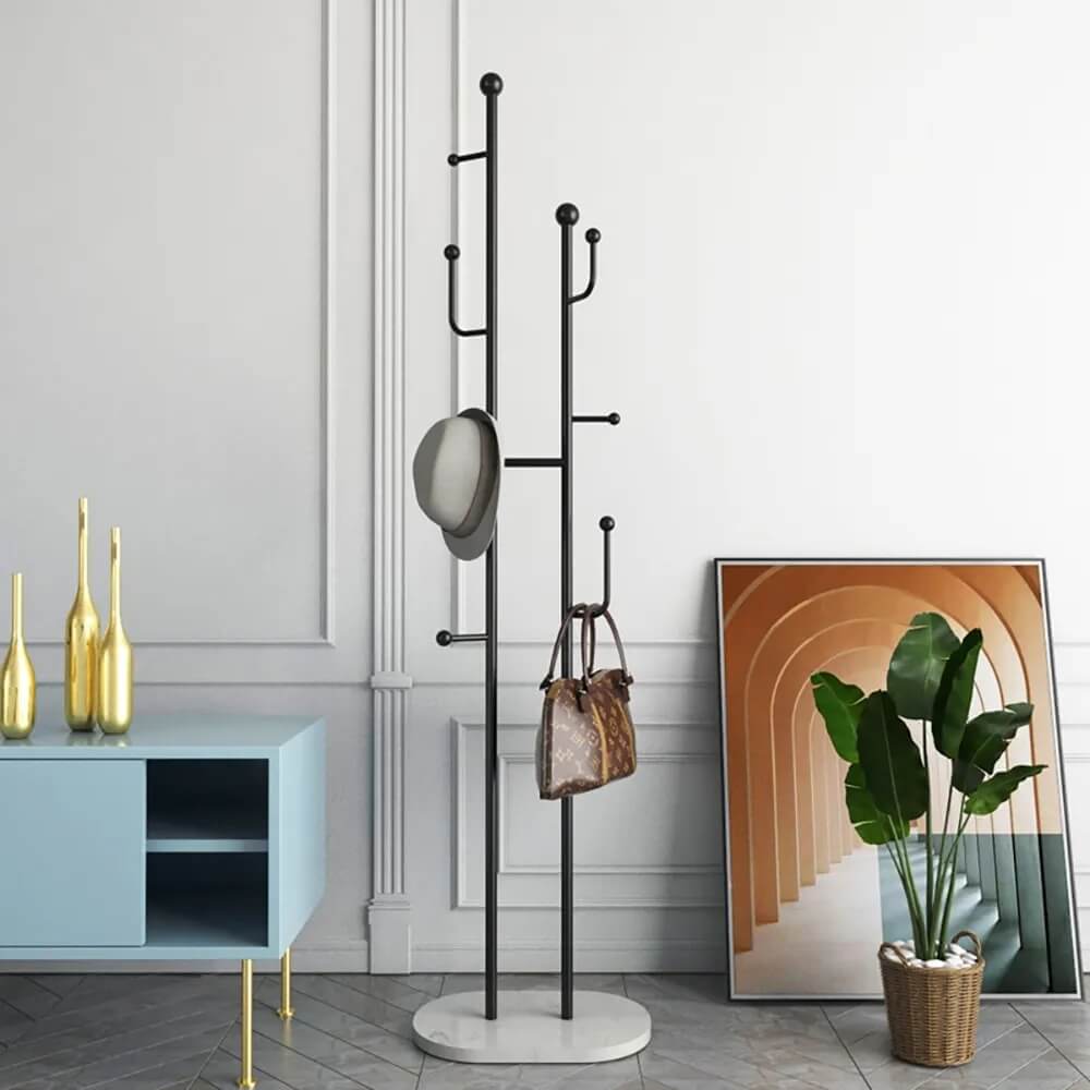 Modern Gold Metal Coat Rack with Faux Marble Base and 7 Hooks