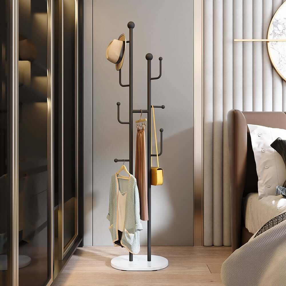 Modern Gold Metal Coat Rack with Faux Marble Base and 7 Hooks