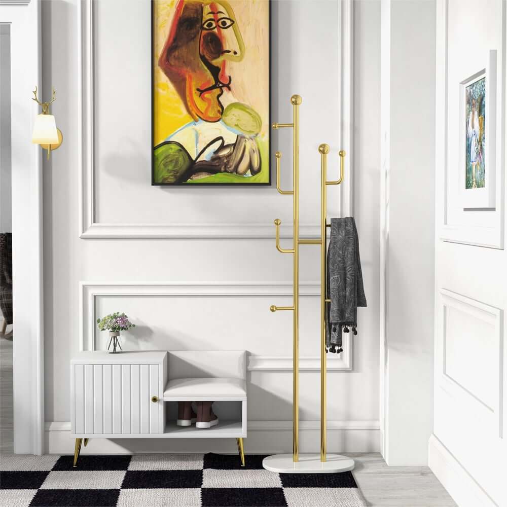 Modern Gold Metal Coat Rack with Faux Marble Base and 7 Hooks