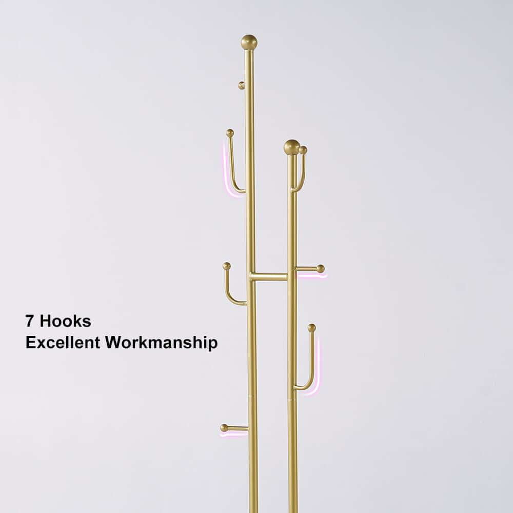 Modern Gold Metal Coat Rack with Faux Marble Base and 7 Hooks