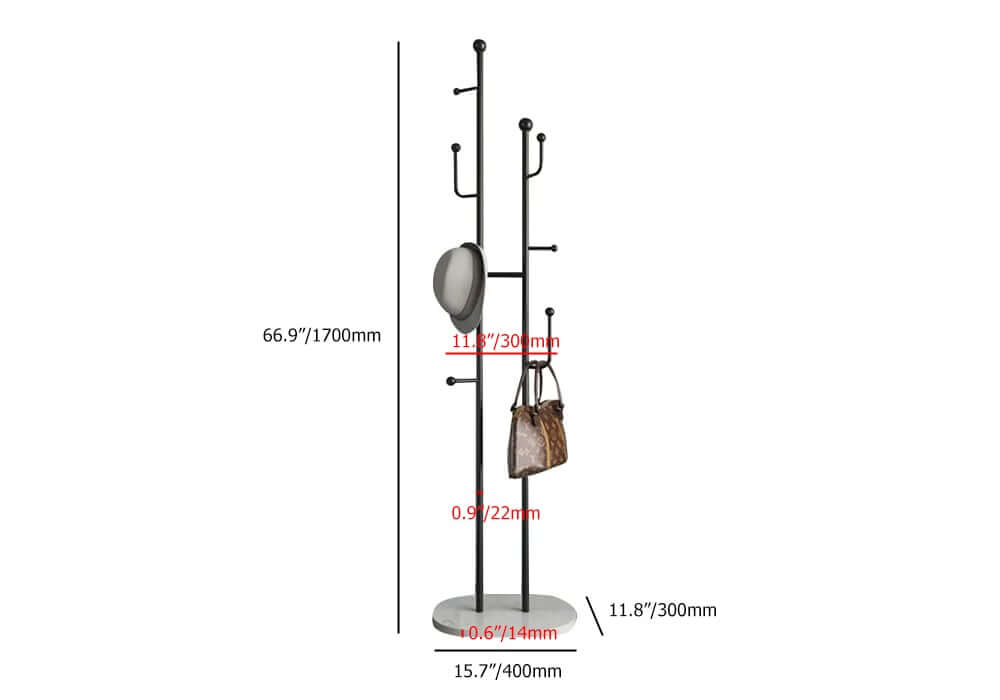 Modern Gold Metal Coat Rack with Faux Marble Base and 7 Hooks Dimensions