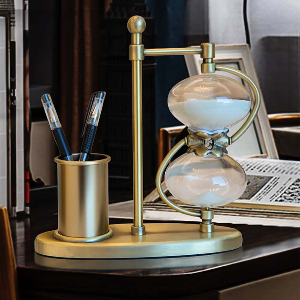 Modern Gold Metal Desk Timer Hourglass with Pen Holder