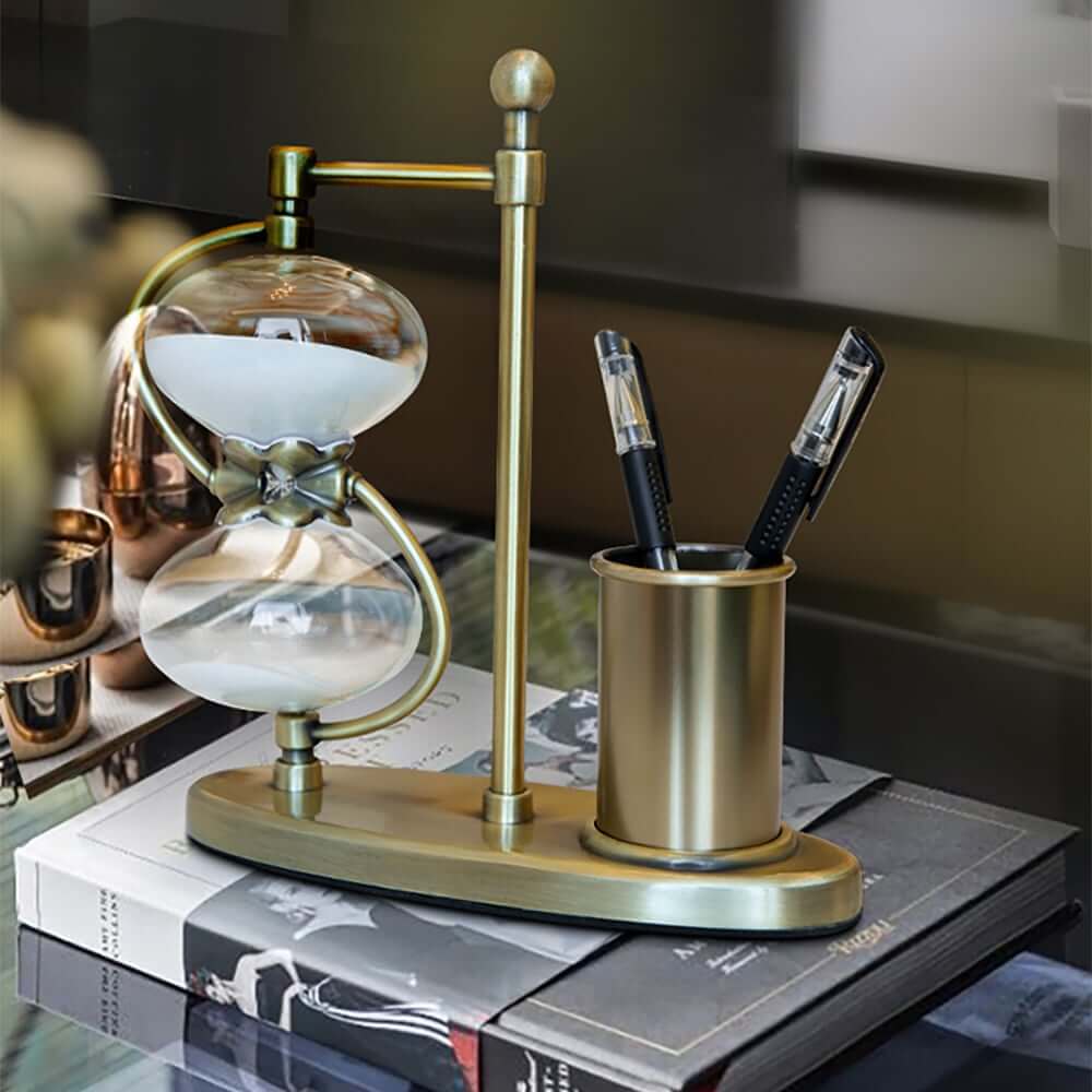 Modern Gold Metal Desk Timer Hourglass with Pen Holder