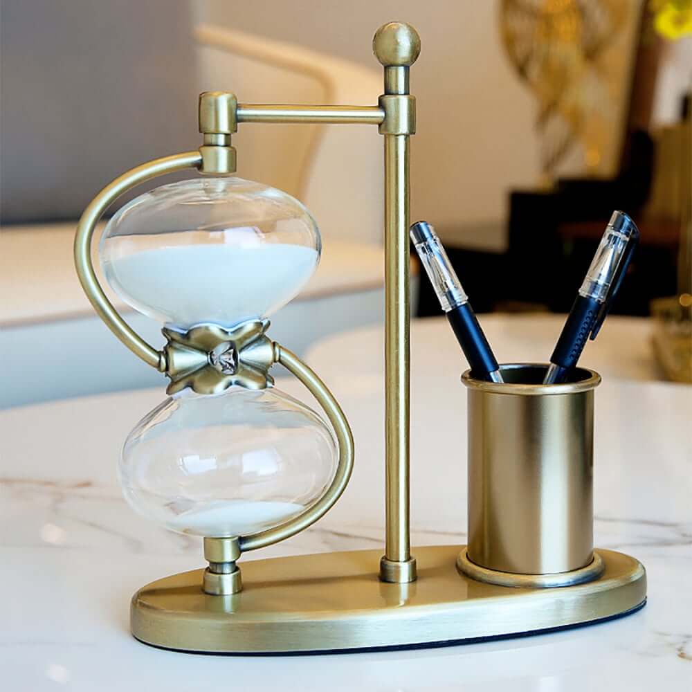 Modern Gold Metal Desk Timer Hourglass with Pen Holder