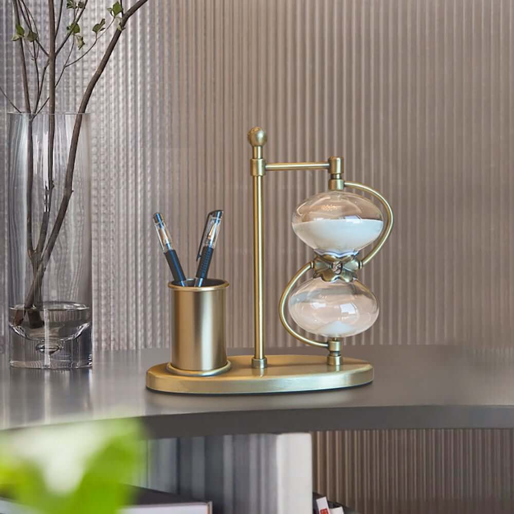 Modern Gold Metal Desk Timer Hourglass with Pen Holder