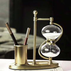 Modern Gold Metal Desk Timer Hourglass with Pen Holder