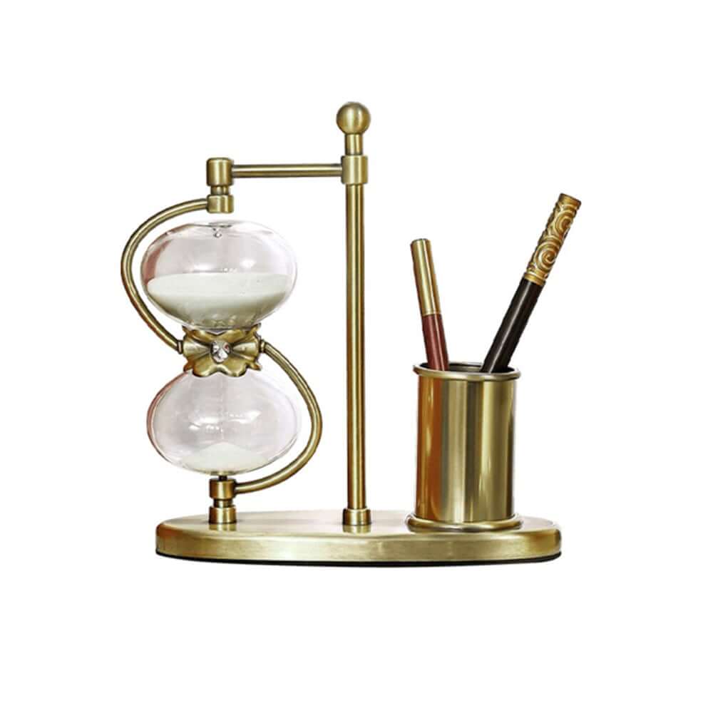 Modern Gold Metal Desk Timer Hourglass with Pen Holder