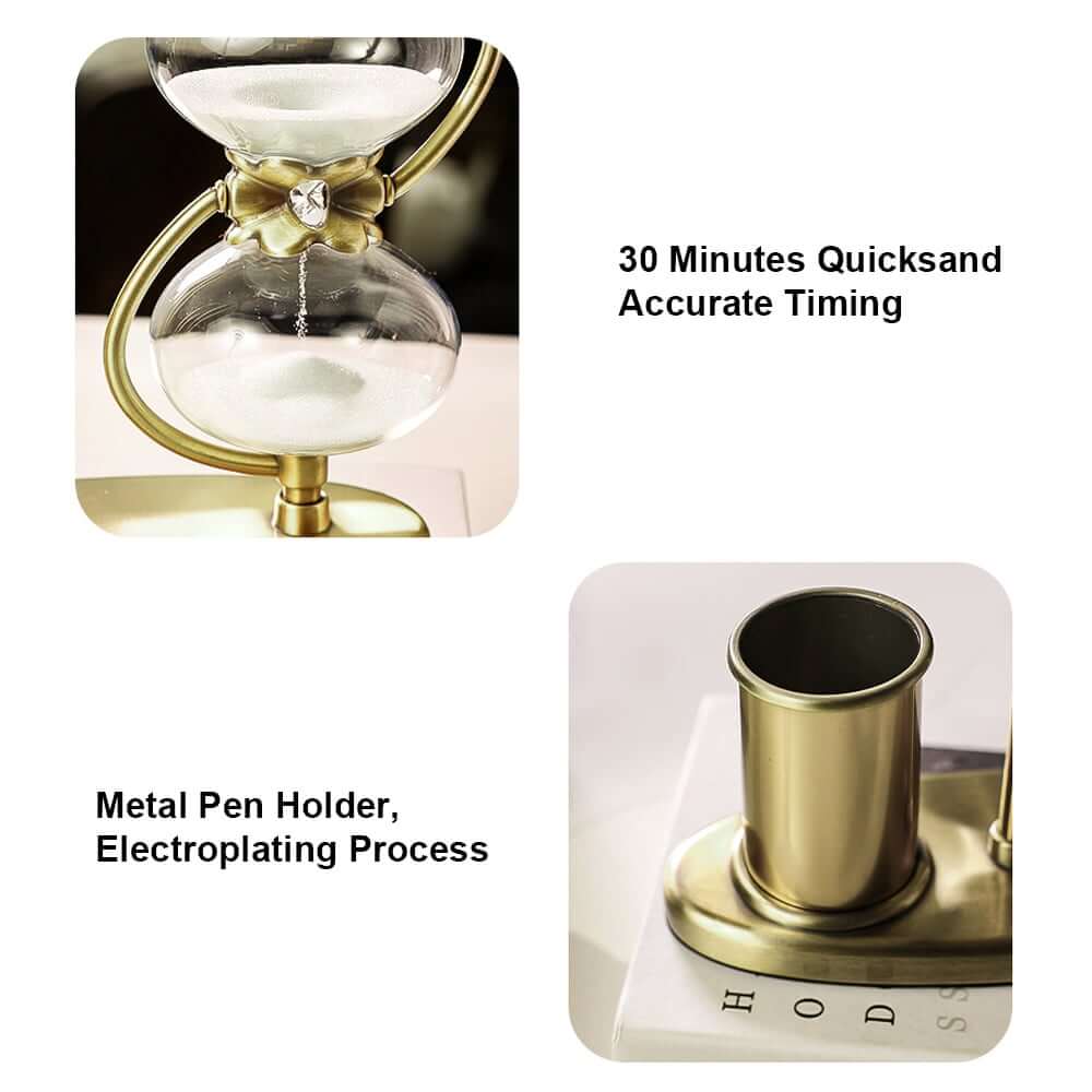 Modern Gold Metal Desk Timer Hourglass with Pen Holder