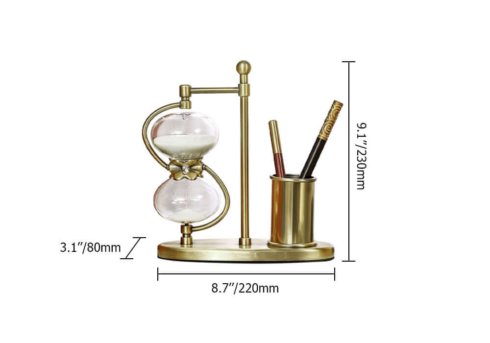 Modern Gold Metal Desk Timer Hourglass with Pen Holder Dimensions