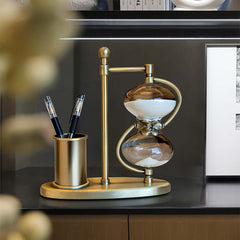 Modern Gold Metal Desk Timer Hourglass with Pen Holder Main Product Image
