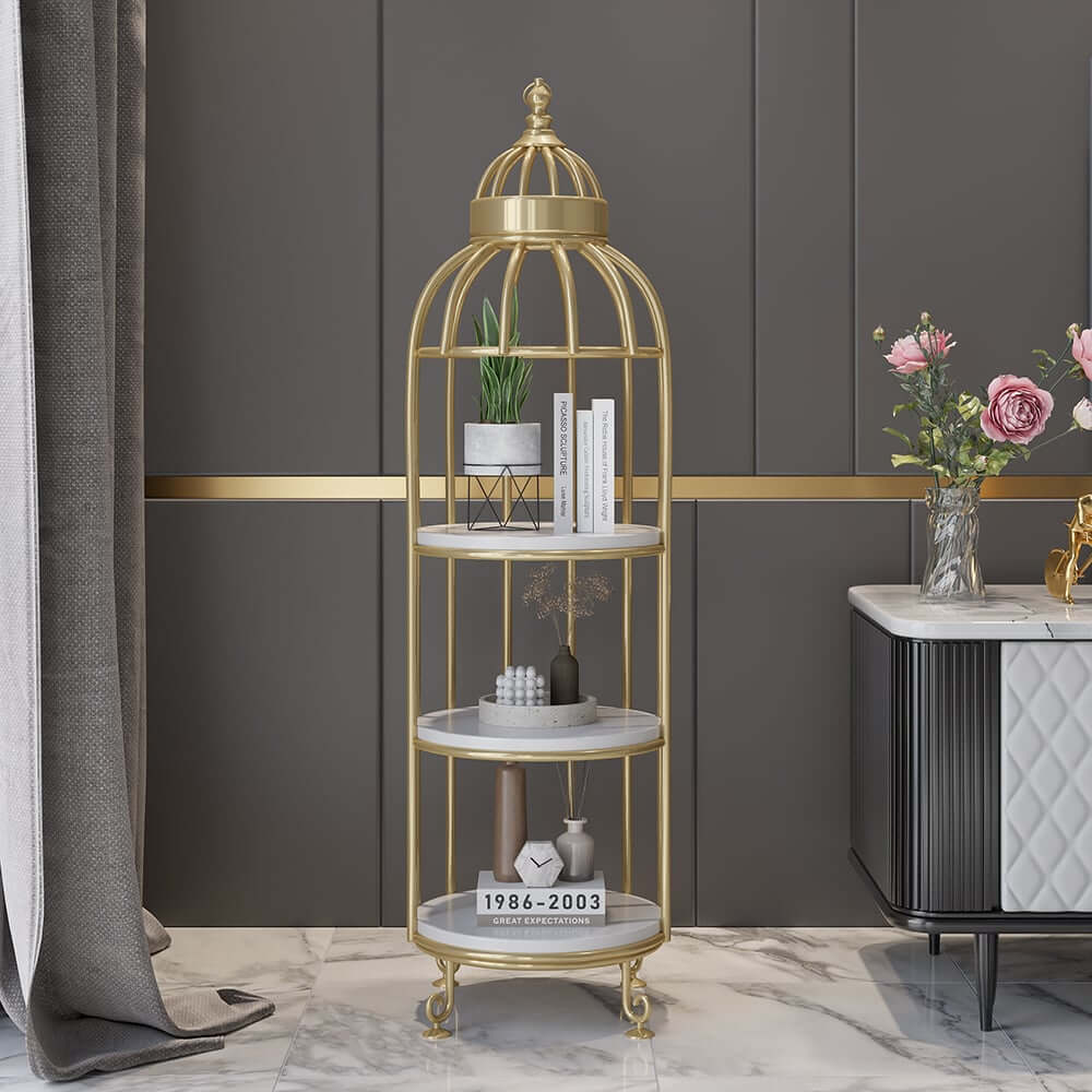 Modern Gold Metal Etagere with Solid Wood Shelves - 3-Tier Ladder Shelf