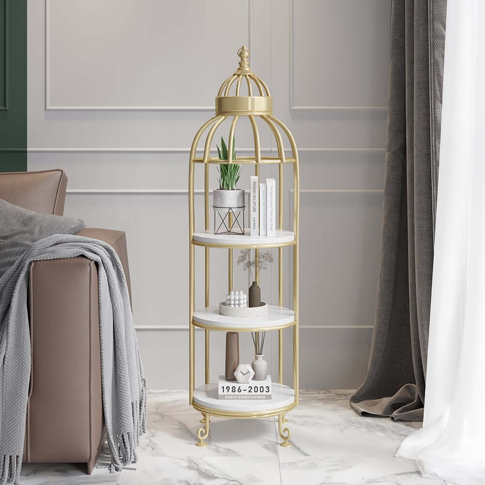 Modern Gold Metal Etagere with Solid Wood Shelves - 3-Tier Ladder Shelf