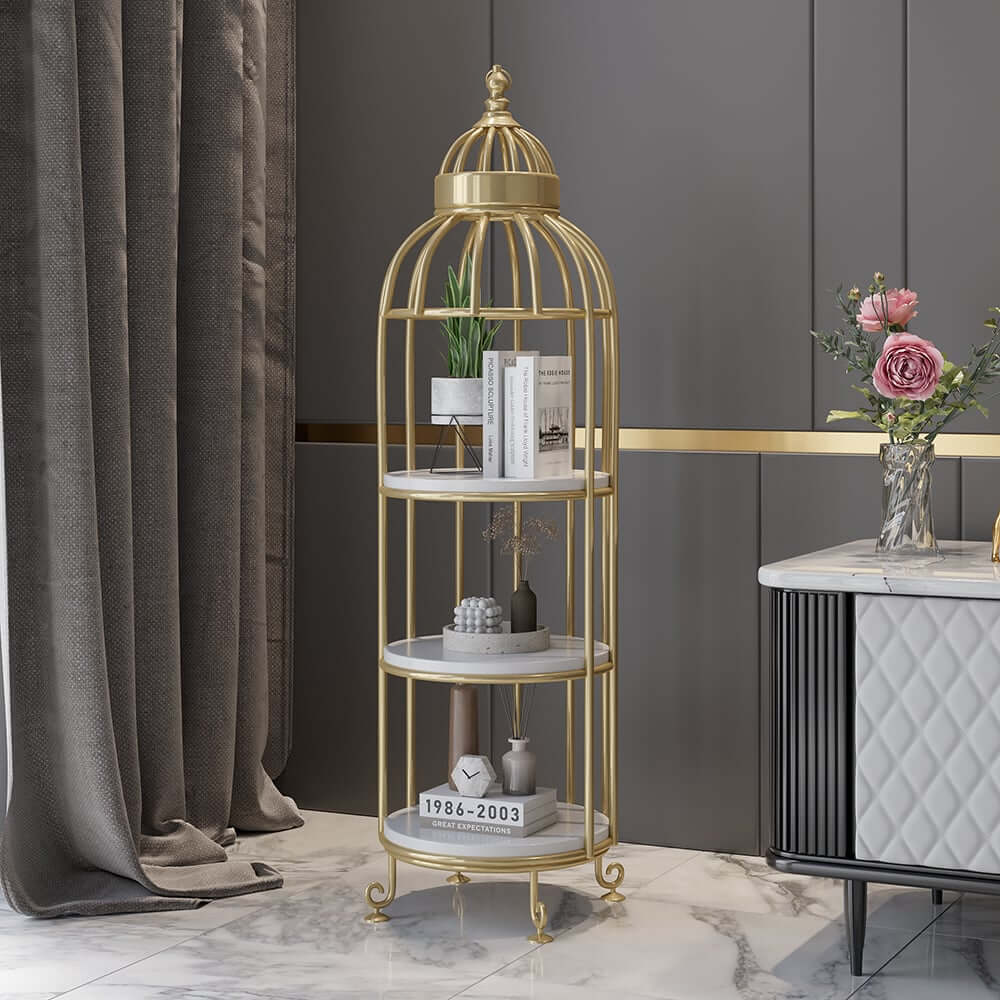 Modern Gold Metal Etagere with Solid Wood Shelves - 3-Tier Ladder Shelf Main Product Image
