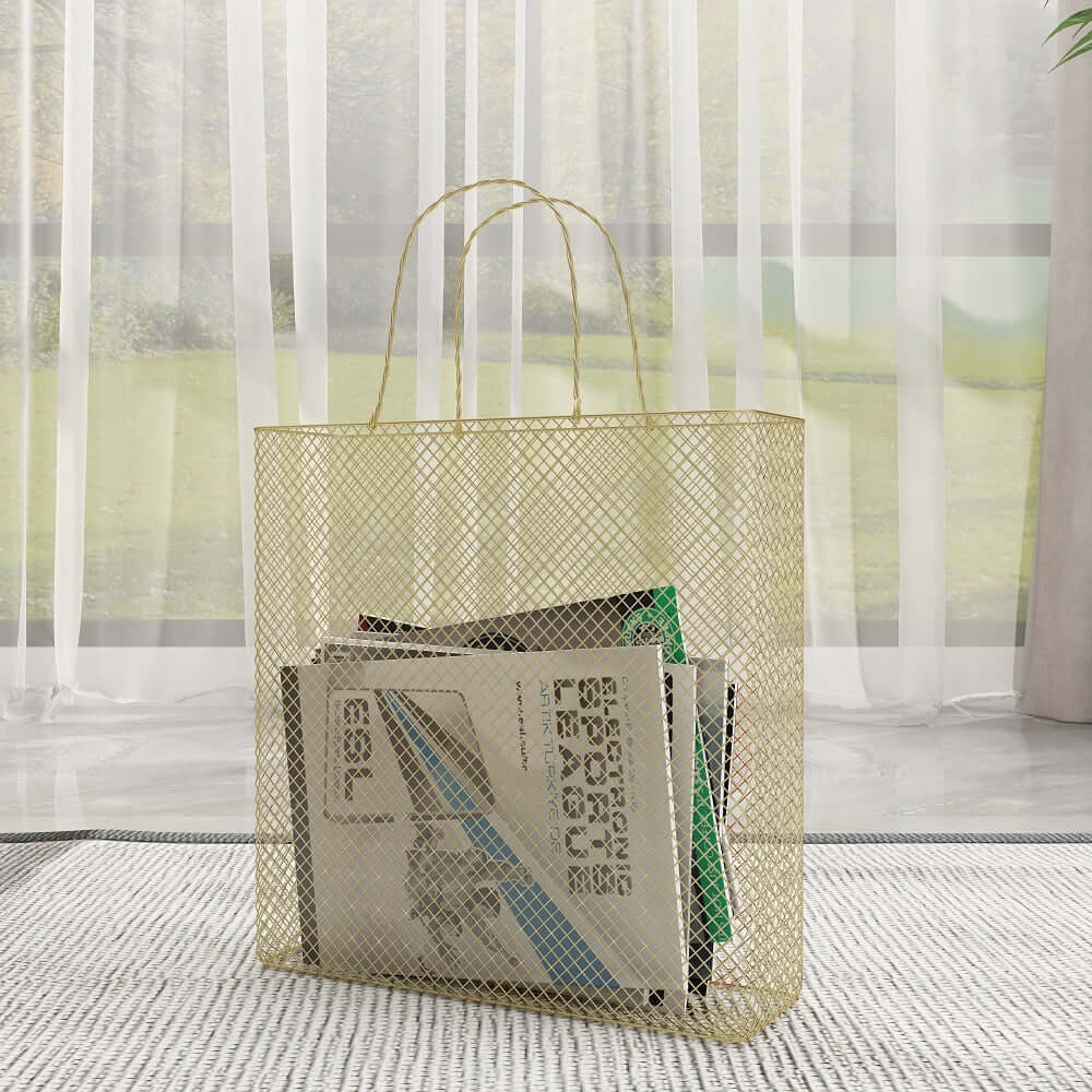 Modern Gold Metal Magazine Rack with Handle for Stylish Organization