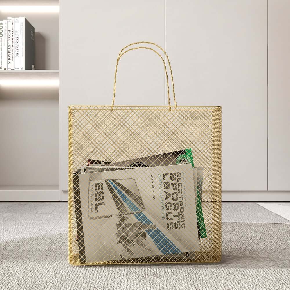 Modern Gold Metal Magazine Rack with Handle for Stylish Organization