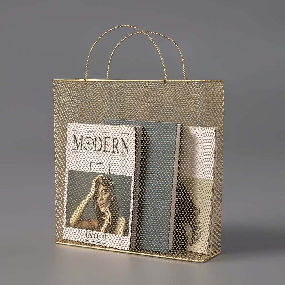 Modern Gold Metal Magazine Rack with Handle for Stylish Organization