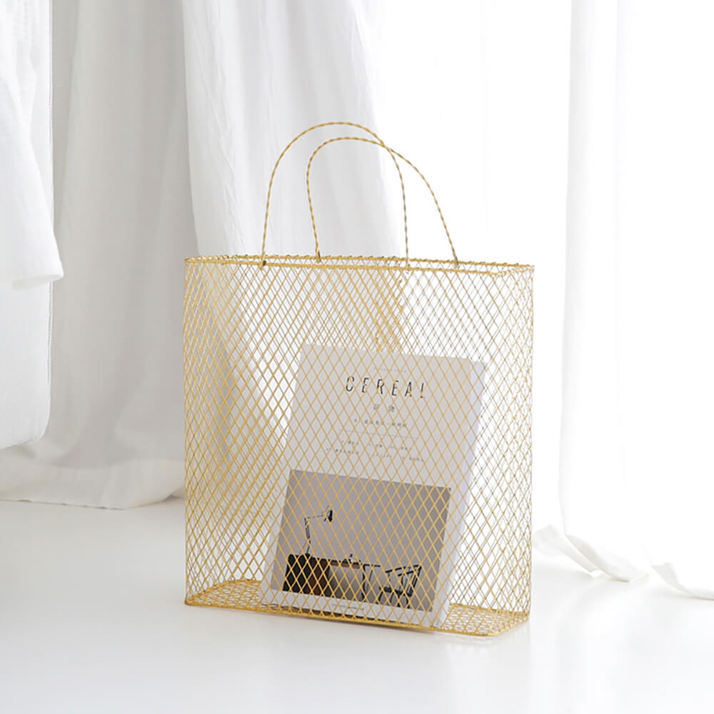 Modern Gold Metal Magazine Rack with Handle for Stylish Organization