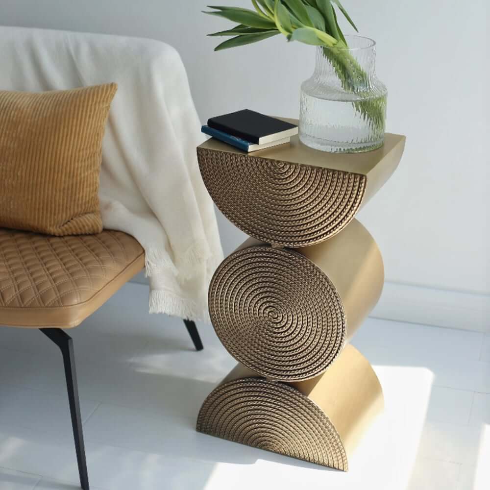 Modern Gold Metal Pedestal Side Table With Sculptural Design