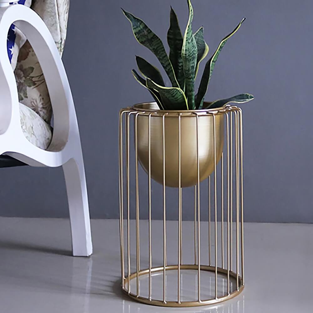 Modern Gold Metal Plant Stand with Pedestal Design