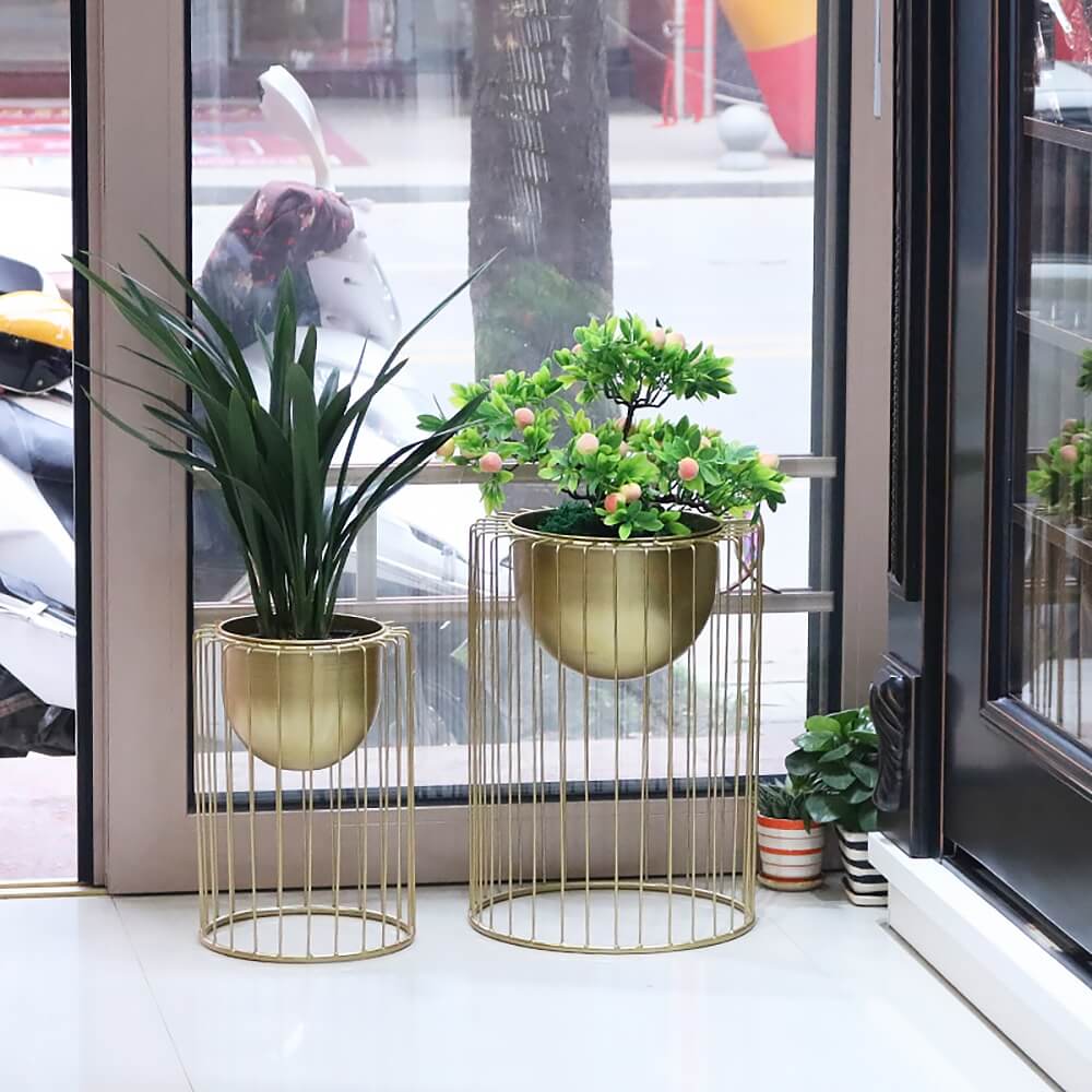 Modern Gold Metal Plant Stand with Pedestal Design
