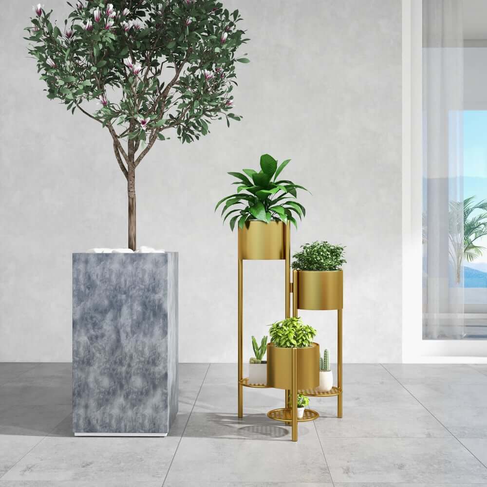 Modern Gold Metal Round Plant Stand with 3-Tier Design