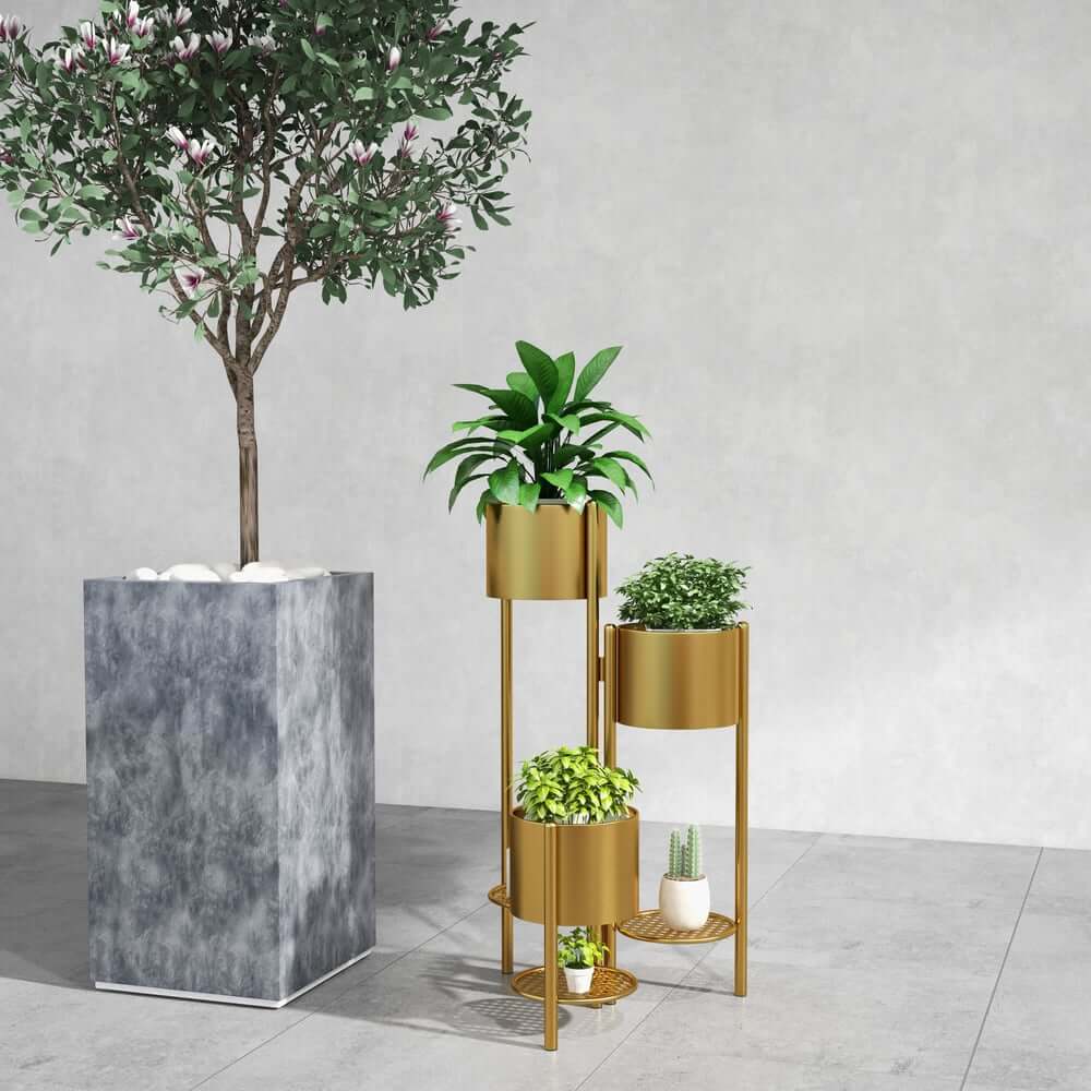 Modern Gold Metal Round Plant Stand with 3-Tier Design