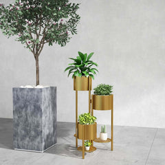 Modern Gold Metal Round Plant Stand with 3-Tier Design