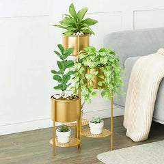 Modern Gold Metal Round Plant Stand with 3-Tier Design