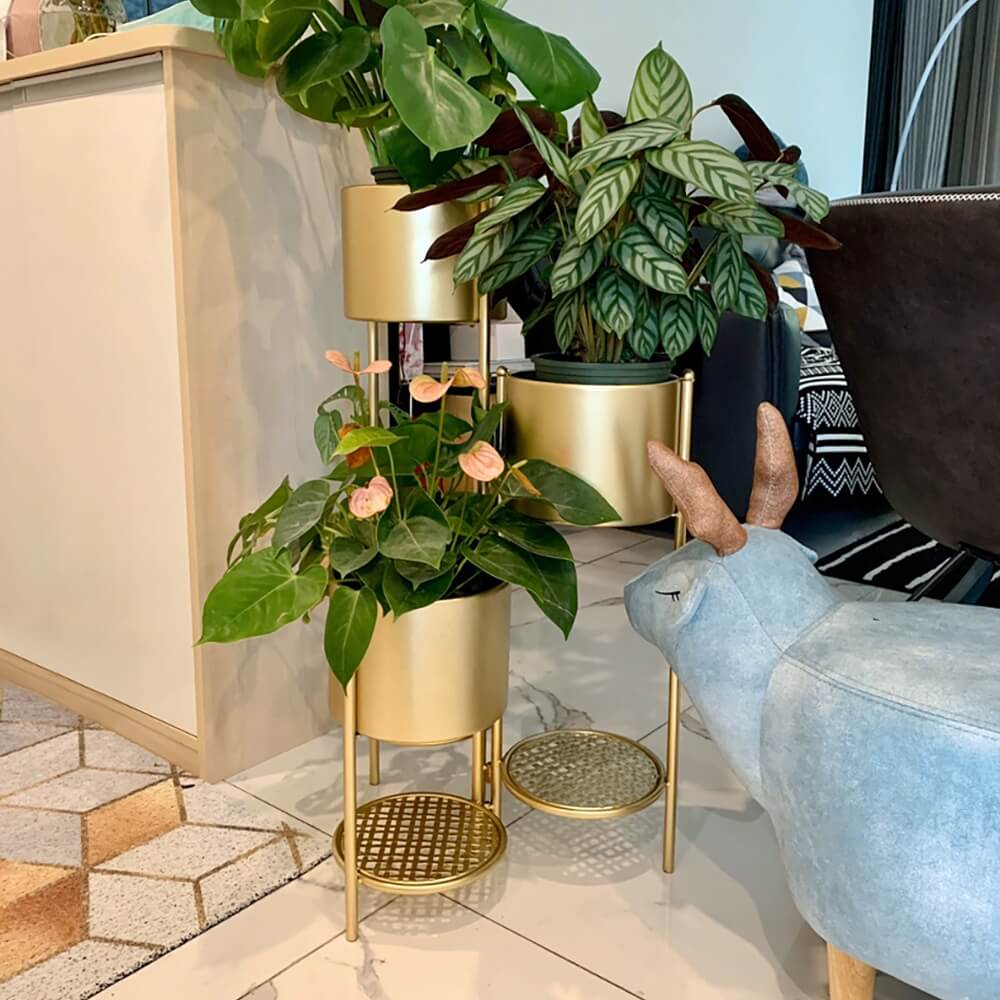 Modern Gold Metal Round Plant Stand with 3-Tier Design