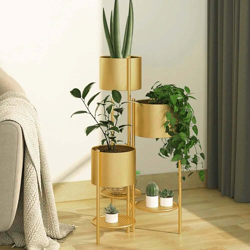 Modern Gold Metal Round Plant Stand with 3-Tier Design