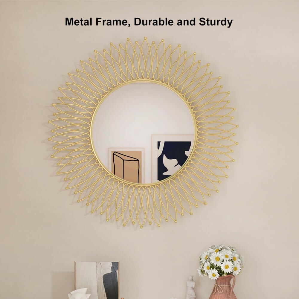 Modern Gold Metal Round Wall Mirror with Geometric Sunburst Design