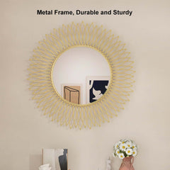 Modern Gold Metal Round Wall Mirror with Geometric Sunburst Design