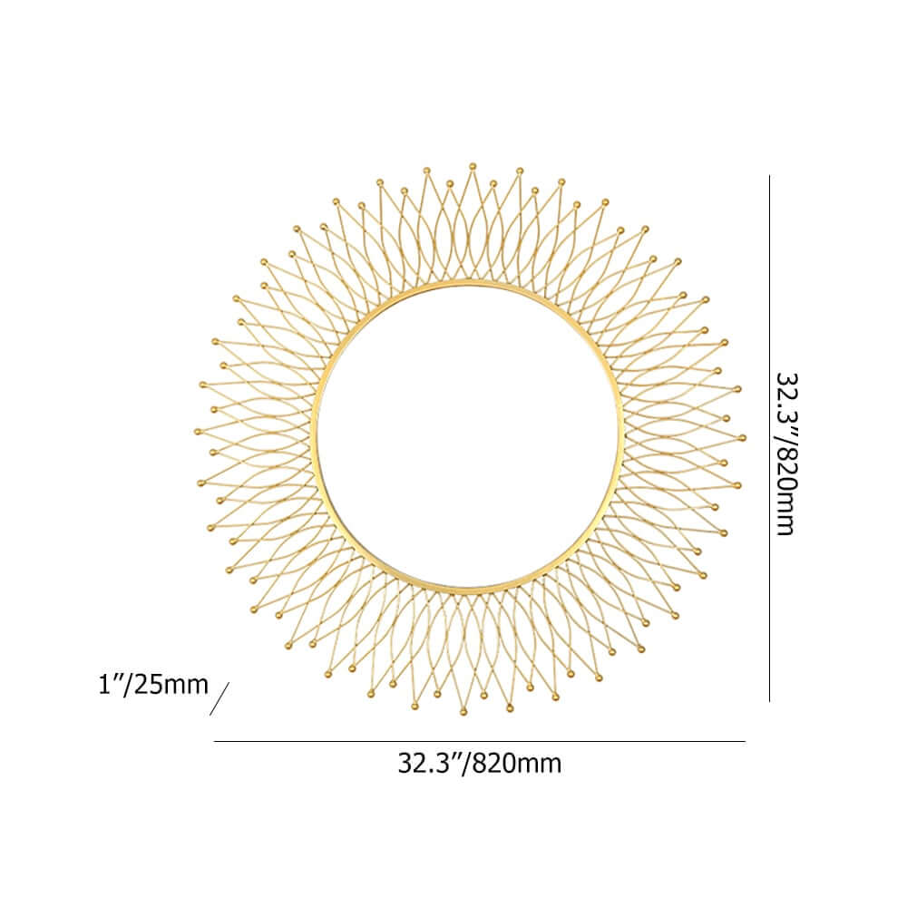 Modern Gold Metal Round Wall Mirror with Geometric Sunburst Design
