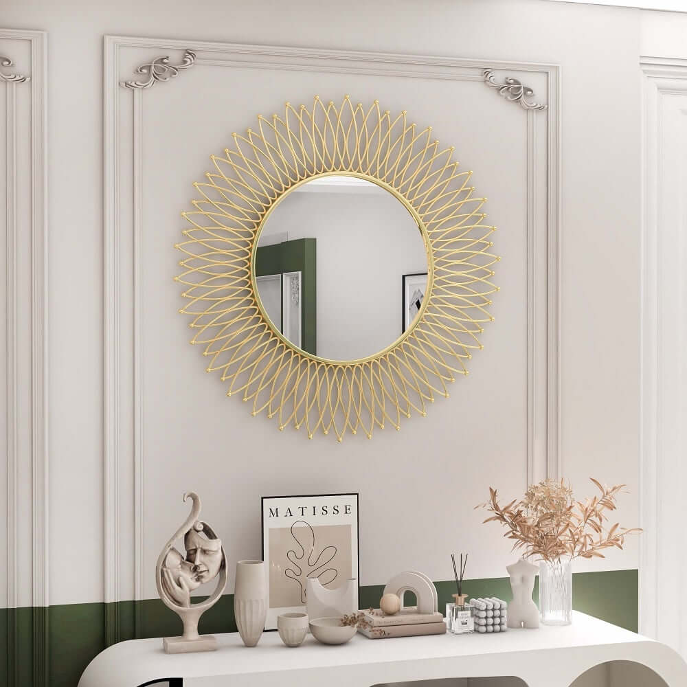 Modern Gold Metal Round Wall Mirror with Geometric Sunburst Design