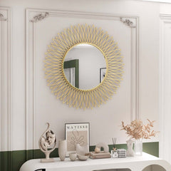 Modern Gold Metal Round Wall Mirror with Geometric Sunburst Design