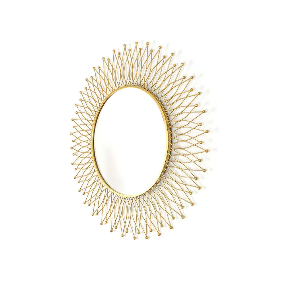 Modern Gold Metal Round Wall Mirror with Geometric Sunburst Design