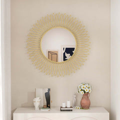 Modern Gold Metal Round Wall Mirror with Geometric Sunburst Design