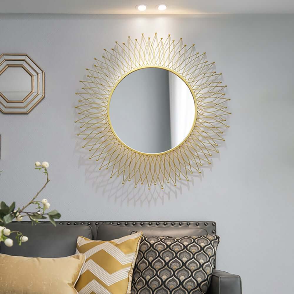 Modern Gold Metal Round Wall Mirror with Geometric Sunburst Design