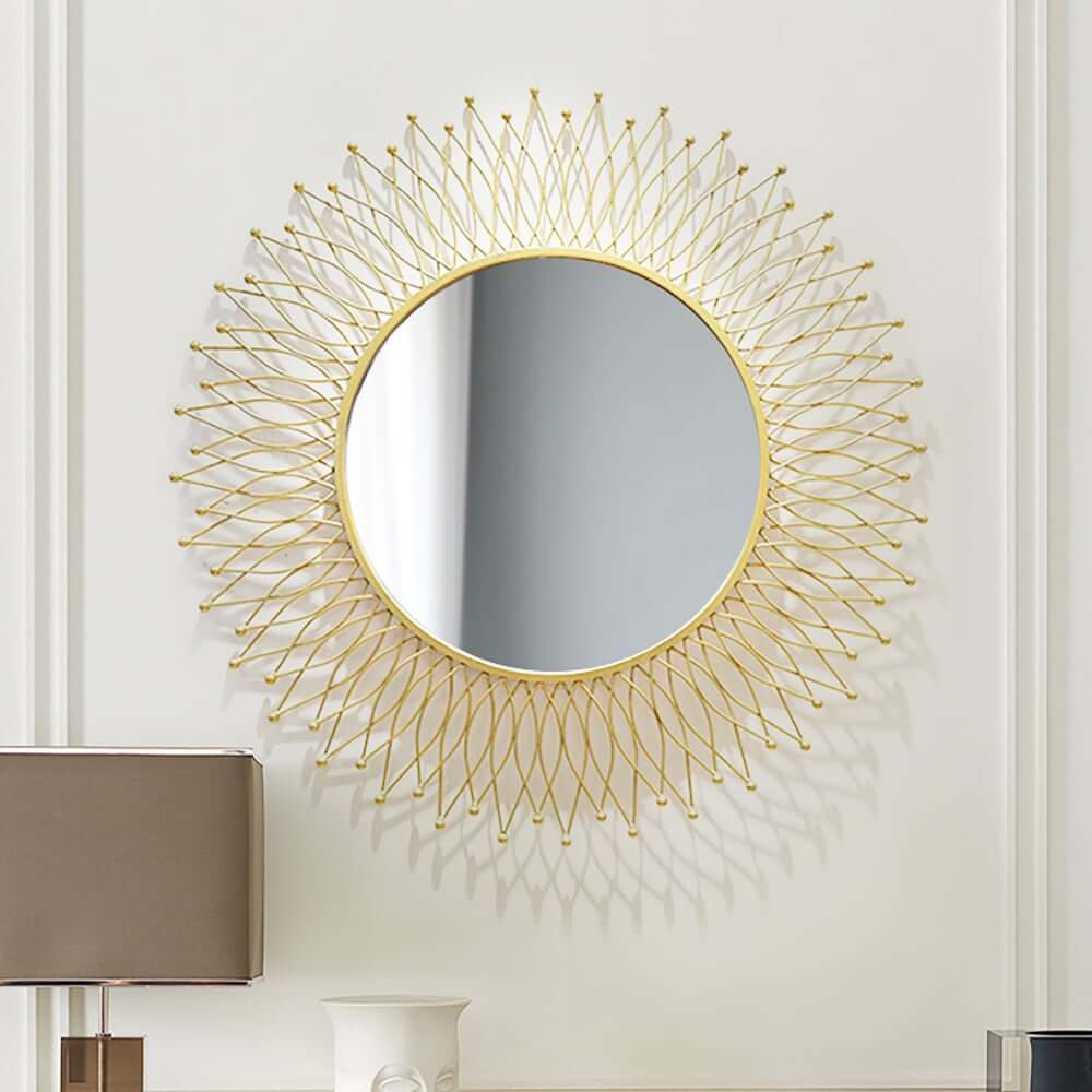Modern Gold Metal Round Wall Mirror with Geometric Sunburst Design Main Product Image