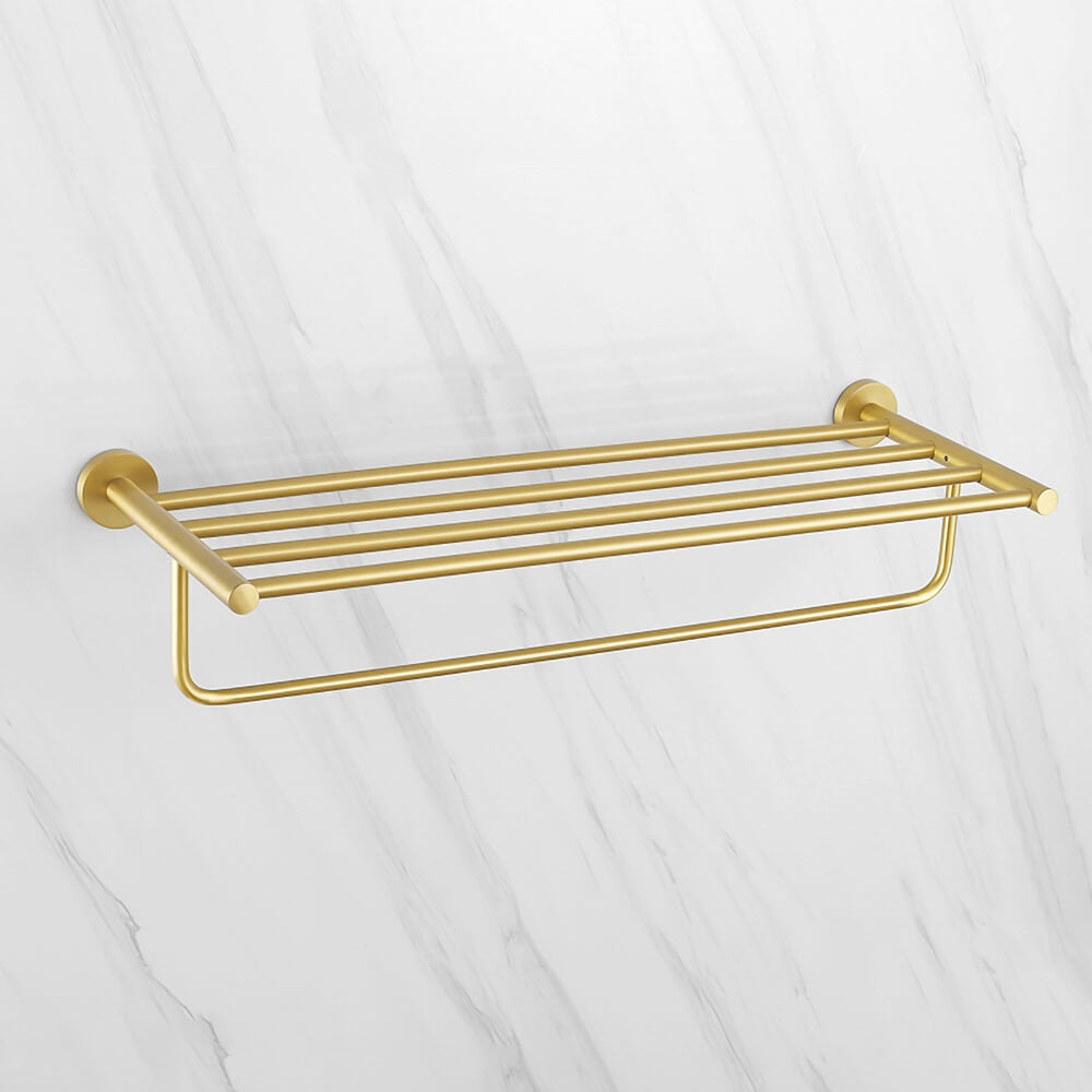 Modern Gold Solid Brass Bathroom Wall Shelf with Towel Rod