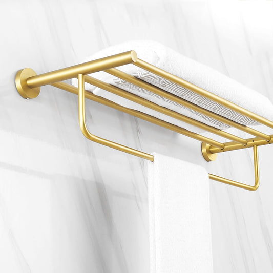 Modern Gold Solid Brass Bathroom Wall Shelf with Towel Rod
