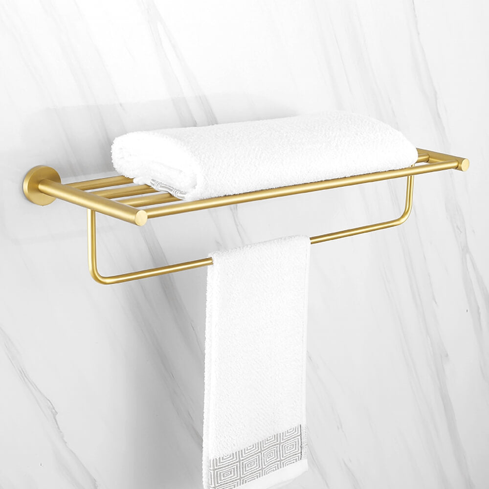 Modern Gold Solid Brass Bathroom Wall Shelf with Towel Rod Main Product Image