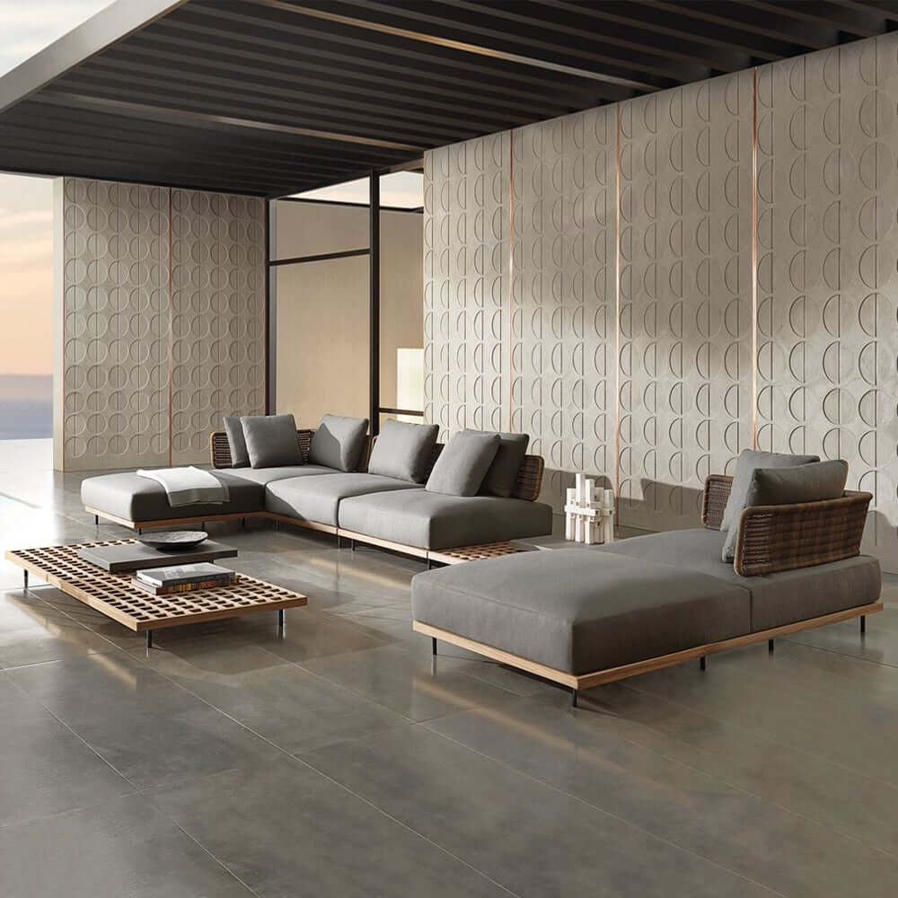 Modern Gray and Beige Teak Wood Outdoor Sectional Sofa Set